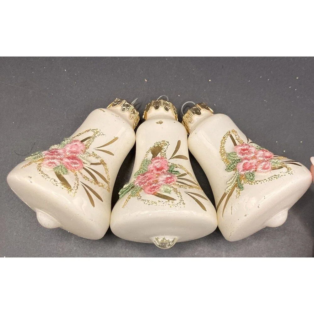 Vintage Set of 3 Glass Bell Christmas Ornaments West Germany 3” Floral